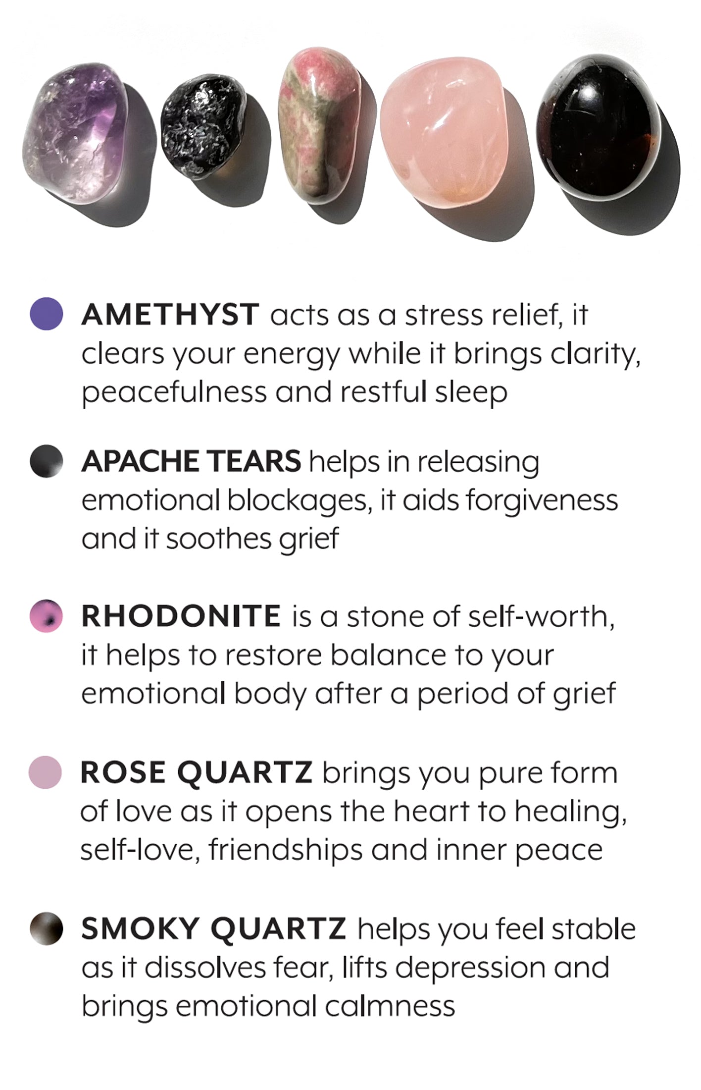 A carefully curated crystal kit, containing five crystals that work together to support your intension