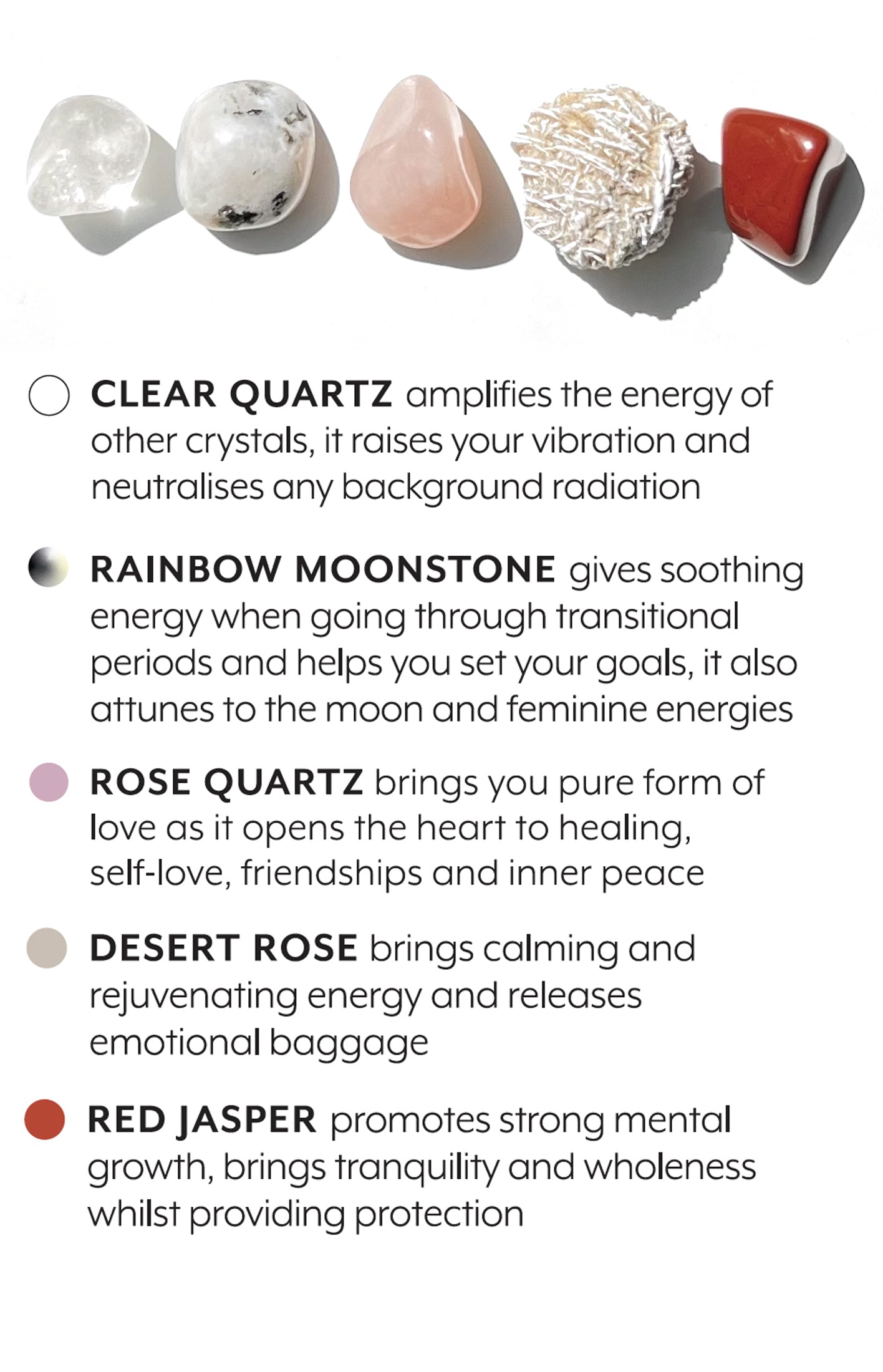 A carefully curated crystal kit, containing five crystals that work together to support your intension