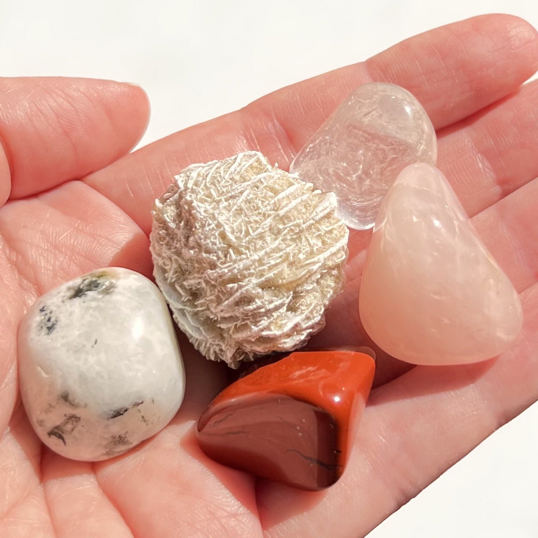 A carefully curated crystal kit for mums to be, containing five crystals that work together to support you while pregnant
