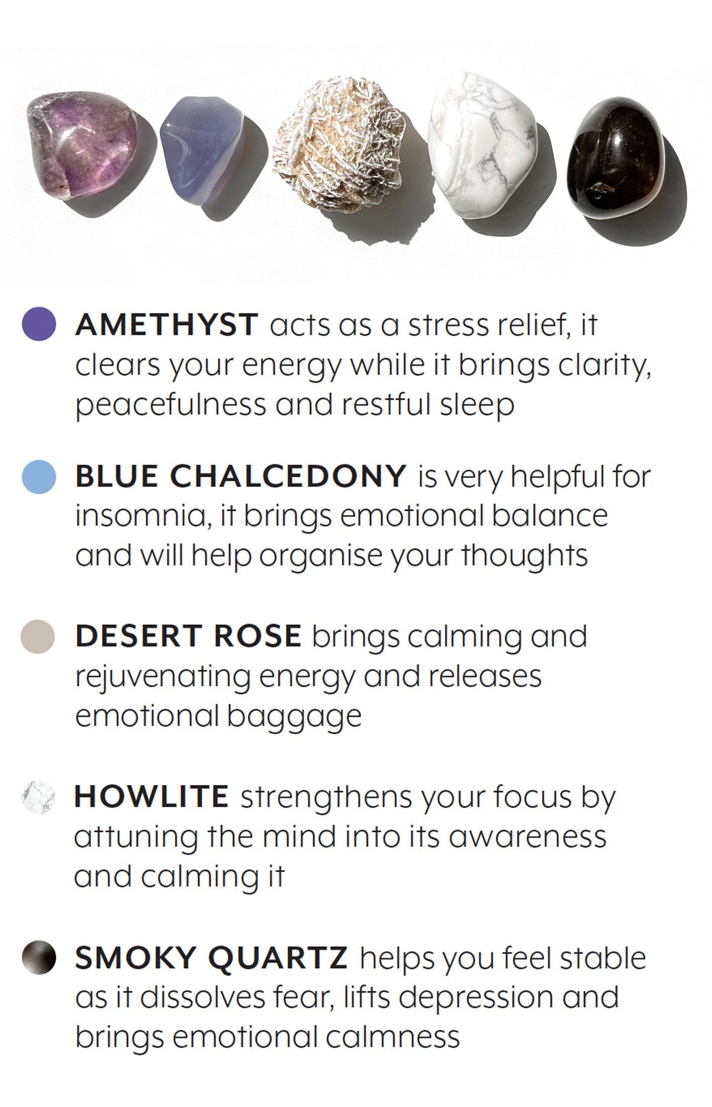 A carefully curated crystal kit, containing five crystals that work together to support your intension