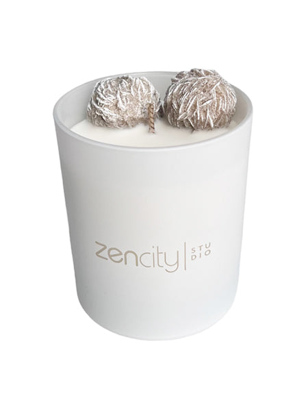 Handmade luxury unscented soy candle with Desert Rose crystal, Photography©ZenCityStudio