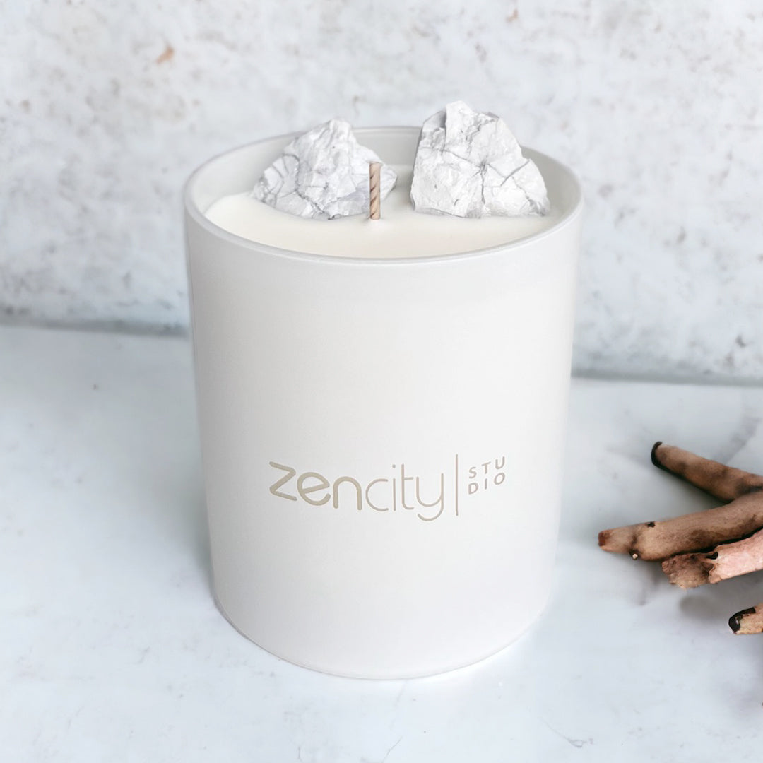 Handmade luxury scented soy candle with Howlite crystal
