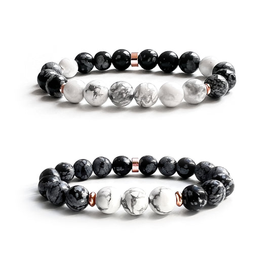 Howlite & Snowflake Obsidian crystal bracelets with rose gold