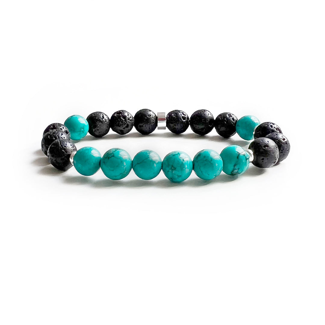 Turquoise crystal bracelet with lava stone and silver.